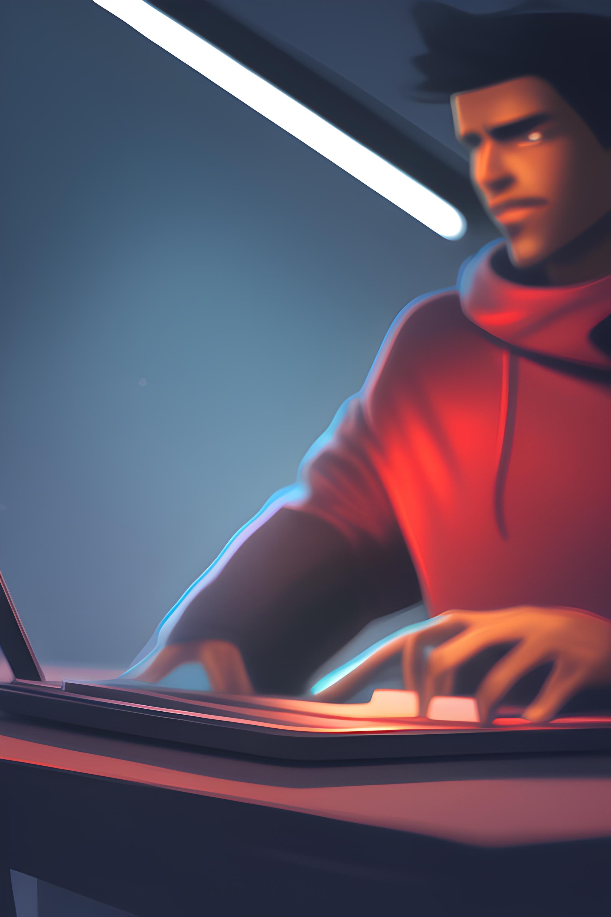 behind a table, the character is wearing a black shirt and a red hoodie and attractive glassed and voice over mic include a studio table in front if the boy front editing studio in 16:9 ratio